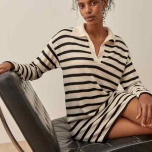 Reformation Doreen Cashmere Polo Dress Gossamer Black Stripe - Size L
